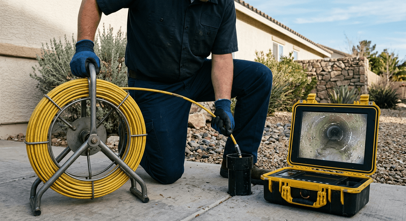Plumber using a sewer camera inspection monitor at a Reno home cleanout