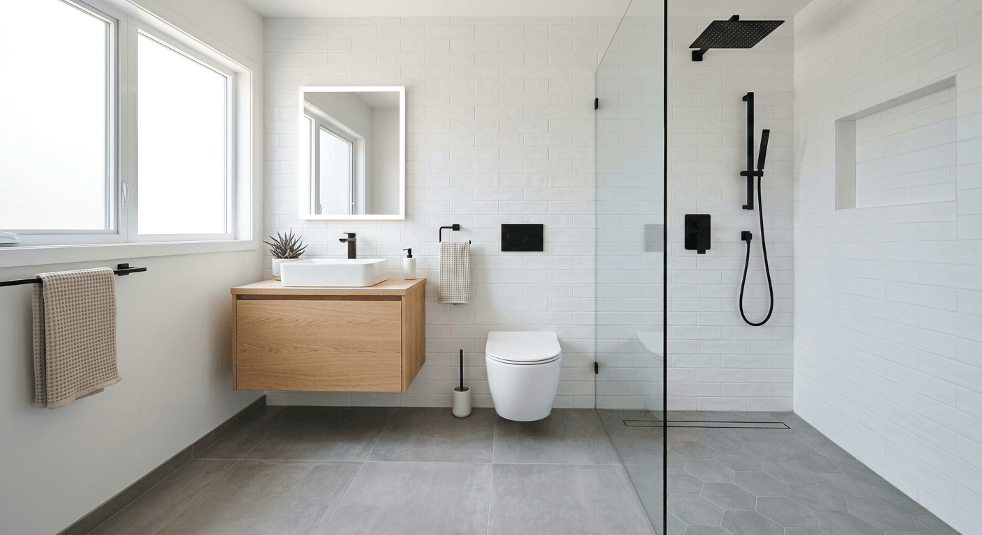Remodeled bathroom with new shower valve and fixtures after plumbing work in Reno
