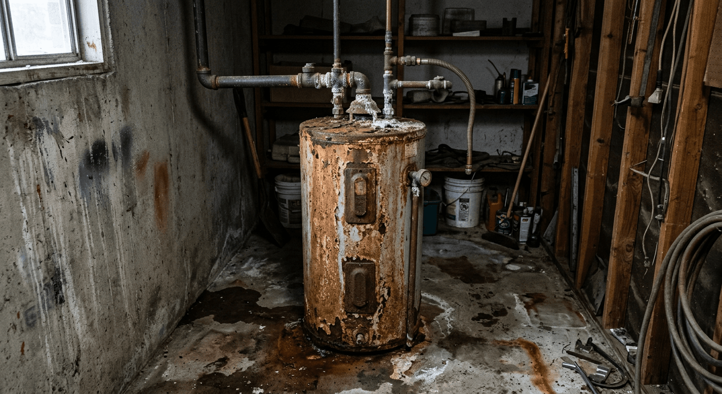 Corroded, leaking 15-year-old water heater in a Sparks garage before replacement