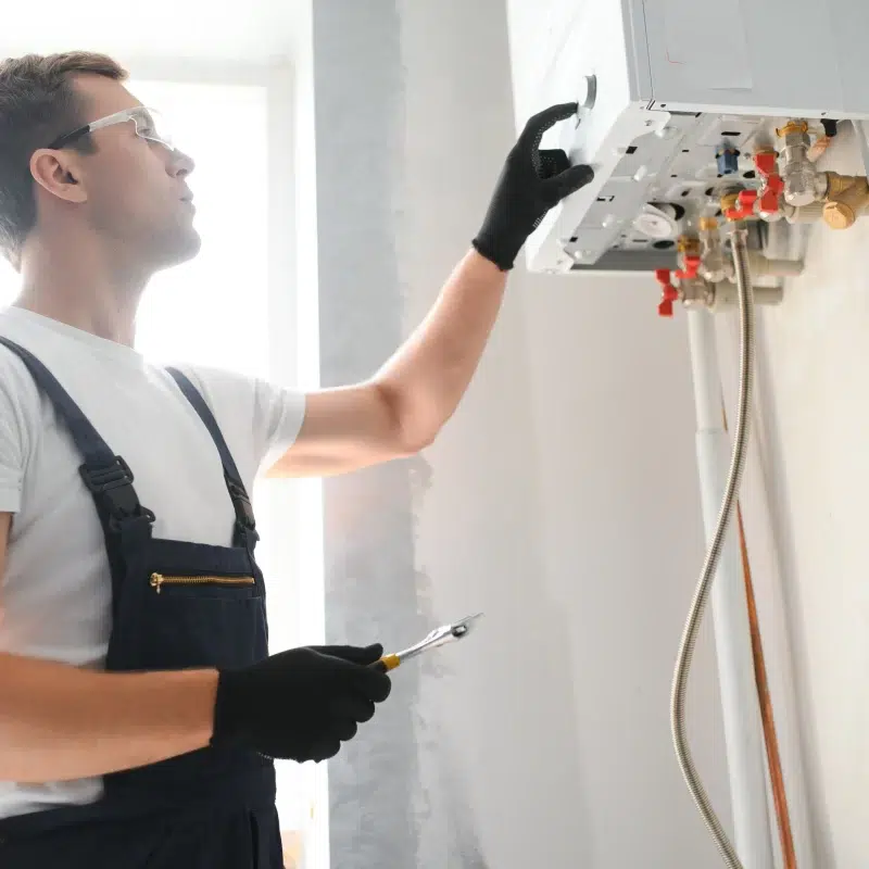 Person adjusting a water heater installation