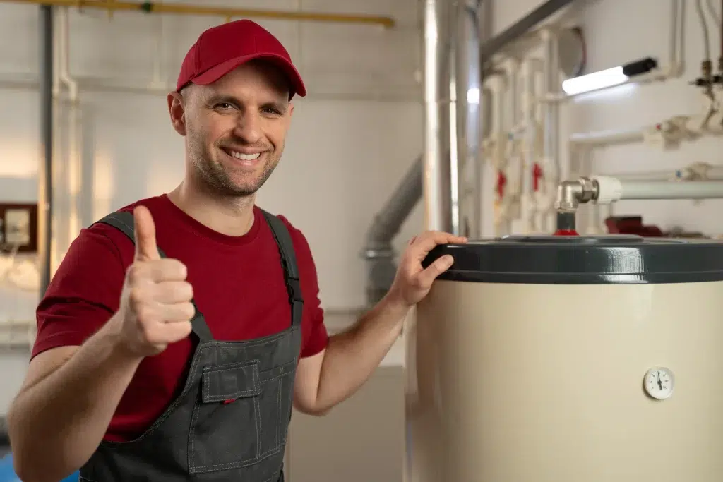 Smiling water heater and plumbing technician beside a water heater.