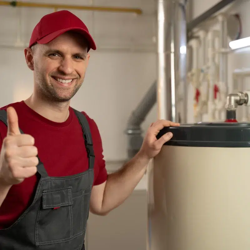 Smiling water heater and plumbing technician beside a water heater.