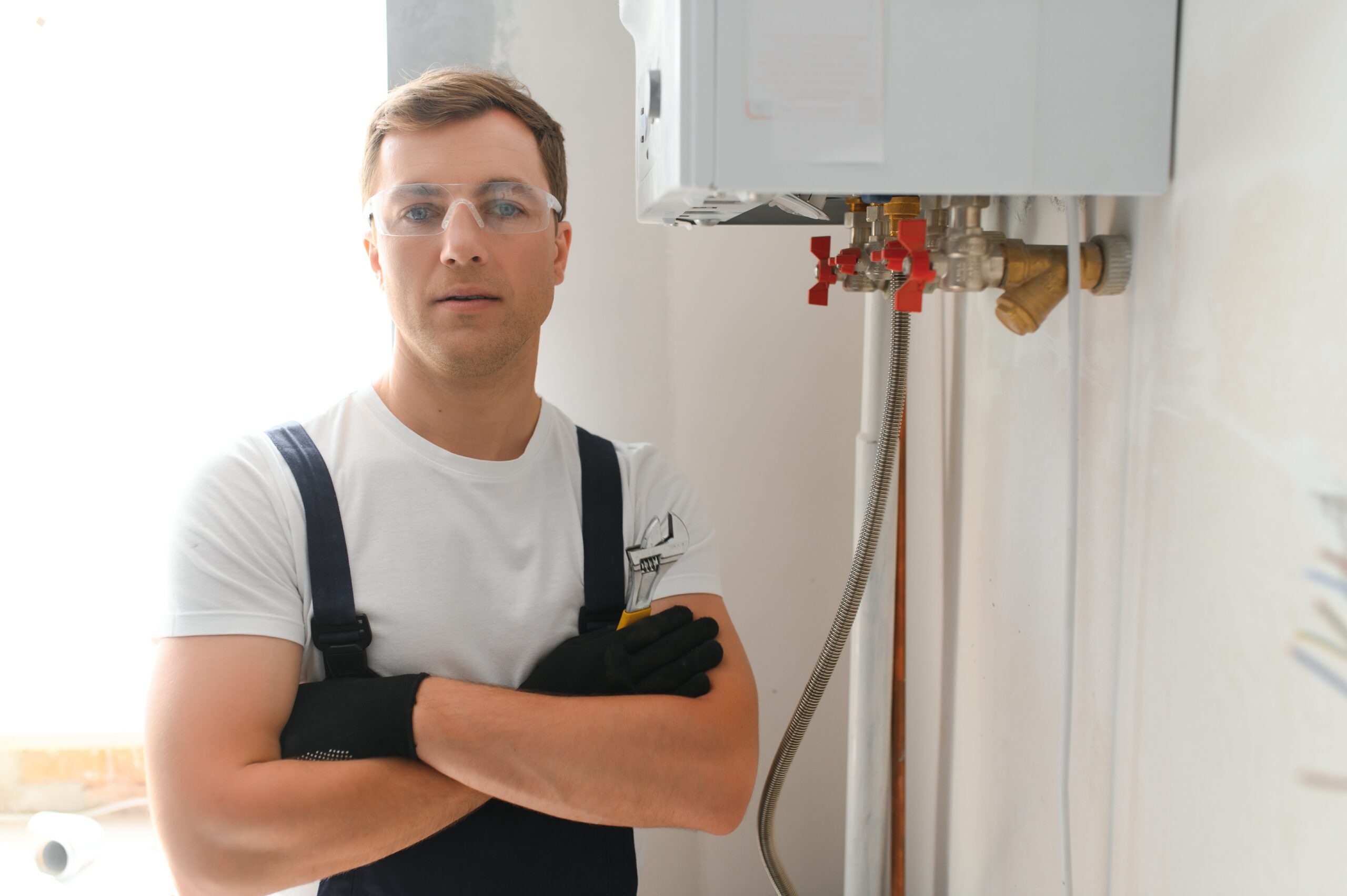 Person in work attire standing with tools.