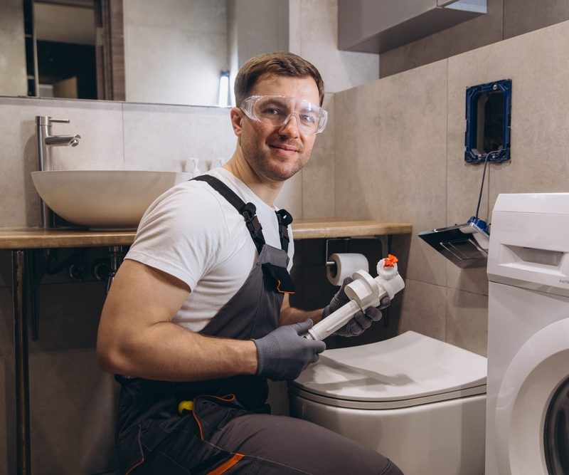 Plumber repairing toilet in modern bathroom